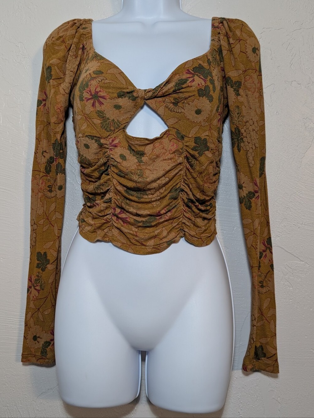 Urban Outfitters Golden Floral Ruched Crop Top Whimsical Renaissance Ethereal